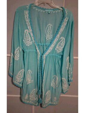 Melissa Odabash M Mint Green White Open Front Tassels Embroidered Cover-Up